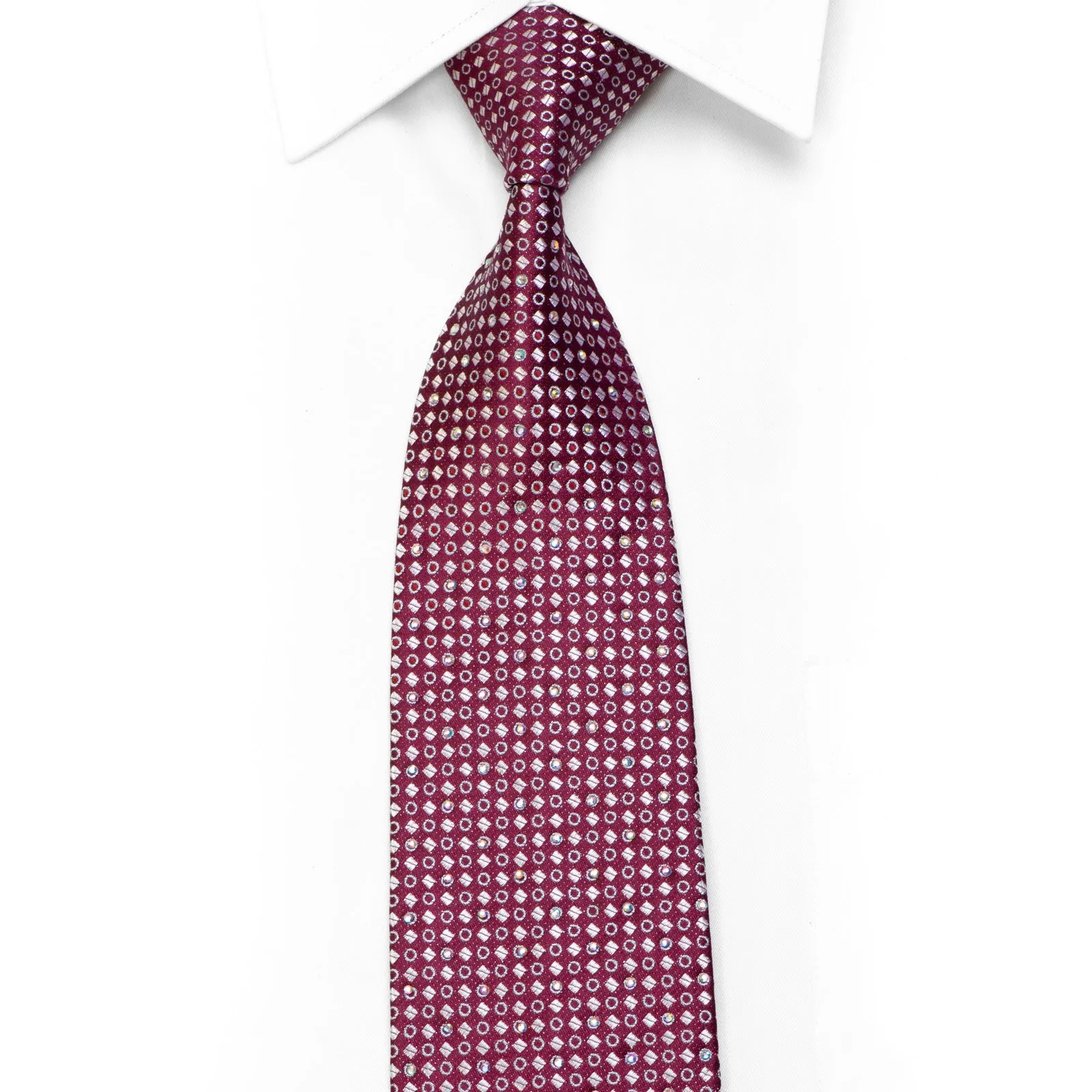 Rhinestone Silk Necktie Silver Geometric On Burgundy With Silver Sparkles