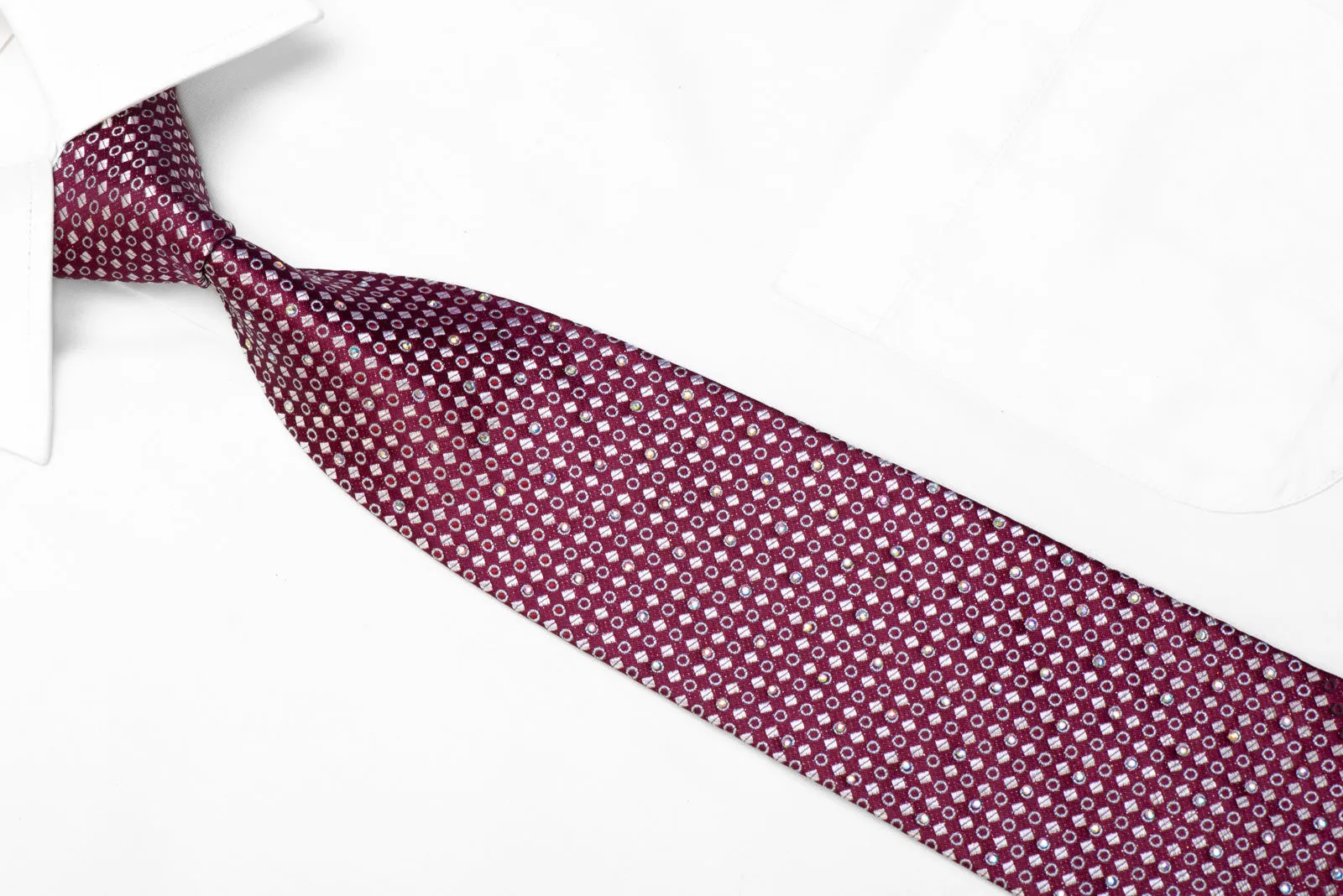 Rhinestone Silk Necktie Silver Geometric On Burgundy With Silver Sparkles