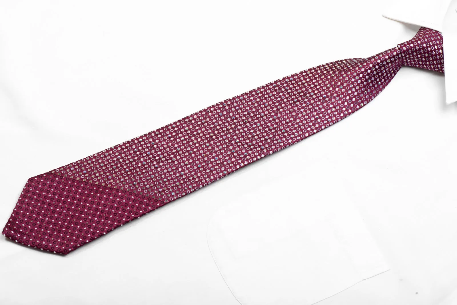 Rhinestone Silk Necktie Silver Geometric On Burgundy With Silver Sparkles