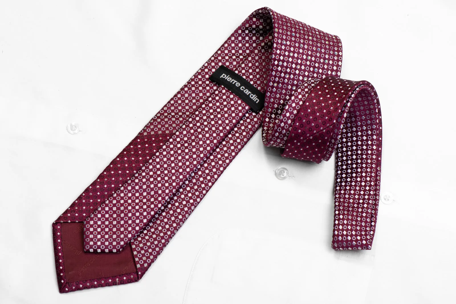 Rhinestone Silk Necktie Silver Geometric On Burgundy With Silver Sparkles