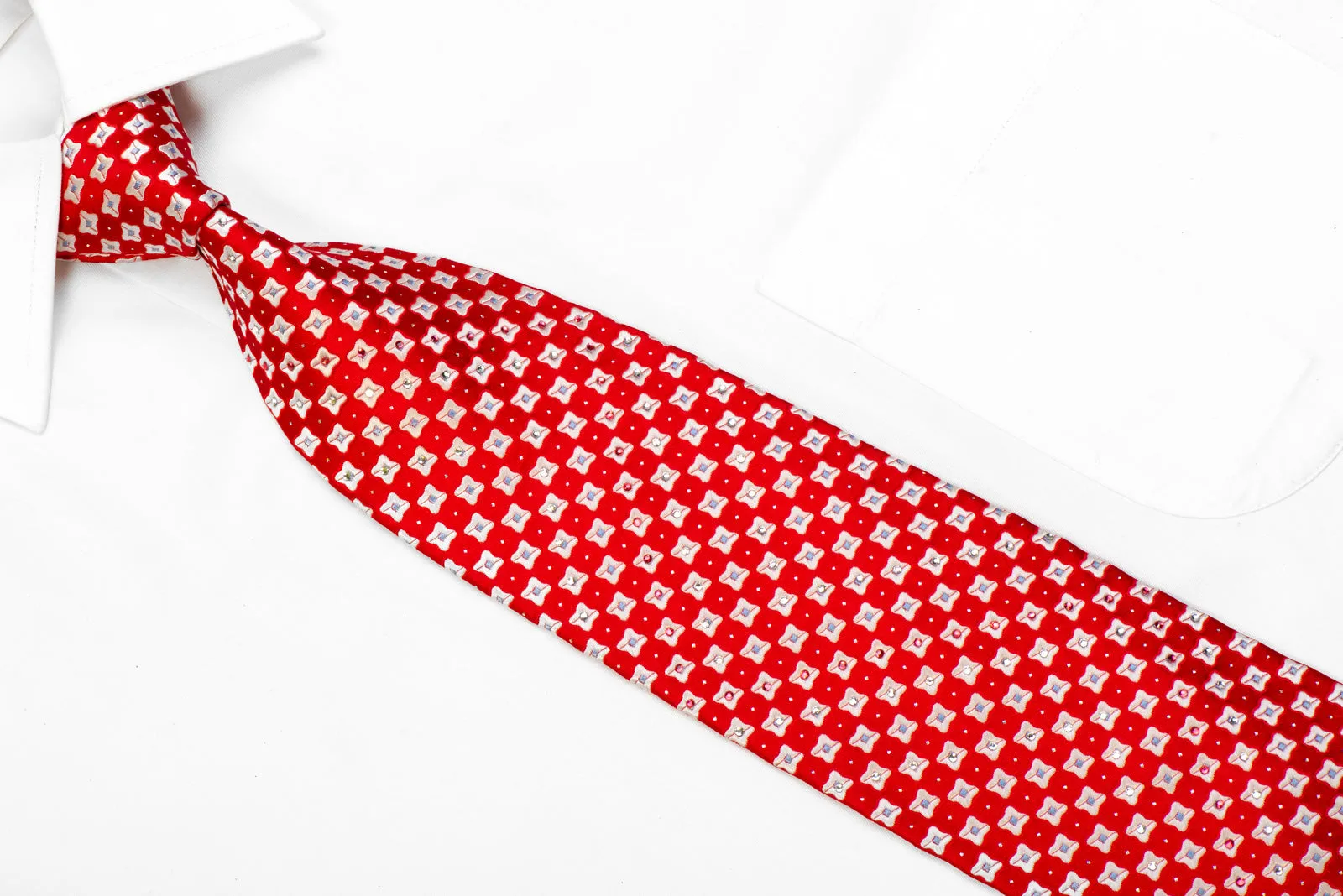 Rhinestone Silk Necktie Silver Red Checkered With Sparkles
