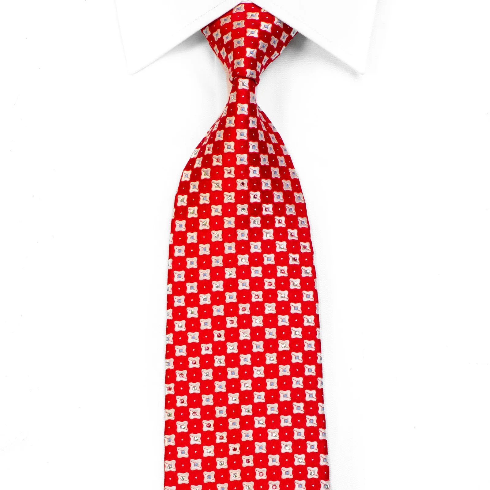 Rhinestone Silk Necktie Silver Red Checkered With Sparkles