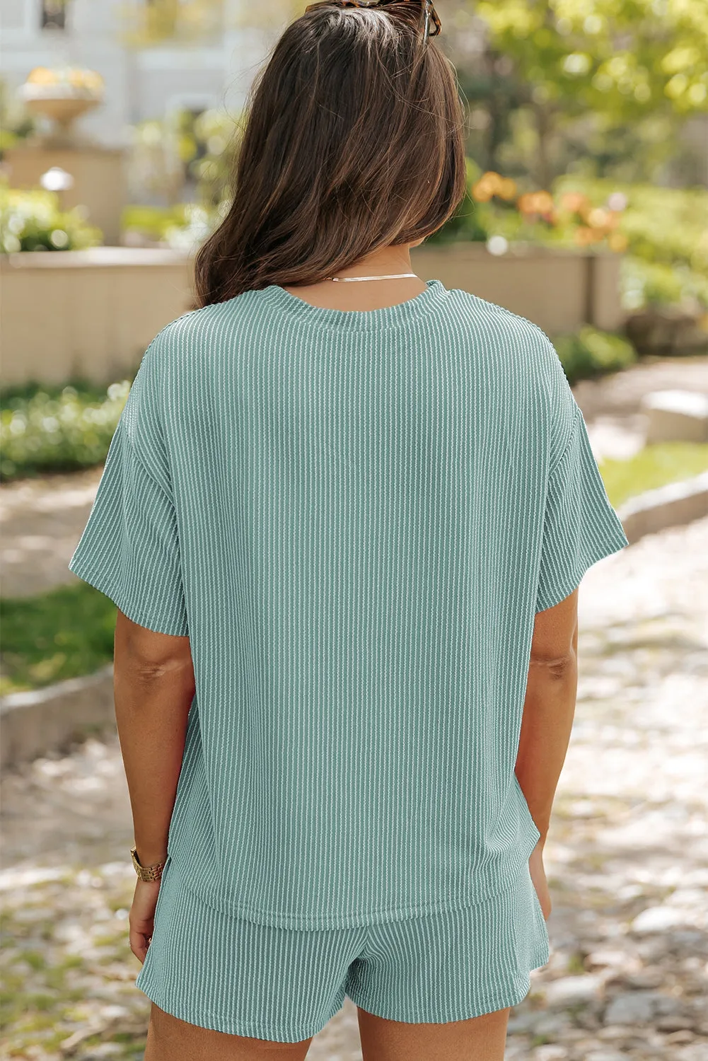 Ribbed Knit Loose Fit Tee Shorts Set