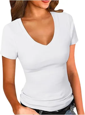 Ribbed Short Sleeve Shirts for Women Casual V Neck T Shirt Slim Fit Basic Comfy Tees Going Out Workout Trendy Tops