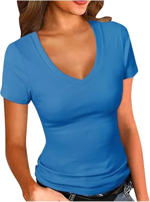 Ribbed Short Sleeve Shirts for Women Casual V Neck T Shirt Slim Fit Basic Comfy Tees Going Out Workout Trendy Tops