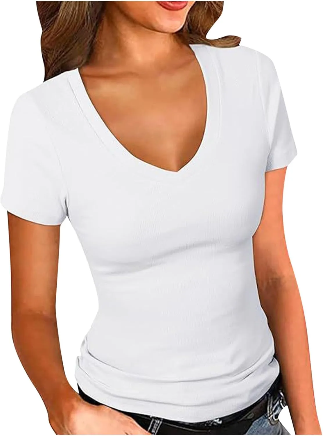 Ribbed Short Sleeve Shirts for Women Casual V Neck T Shirt Slim Fit Basic Comfy Tees Going Out Workout Trendy Tops