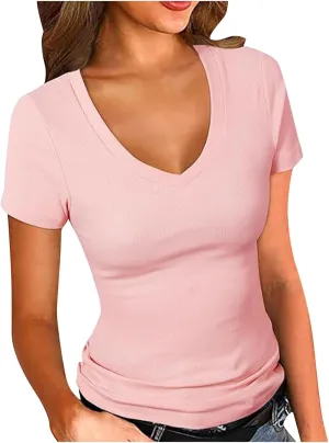 Ribbed Short Sleeve Shirts for Women Casual V Neck T Shirt Slim Fit Basic Comfy Tees Going Out Workout Trendy Tops