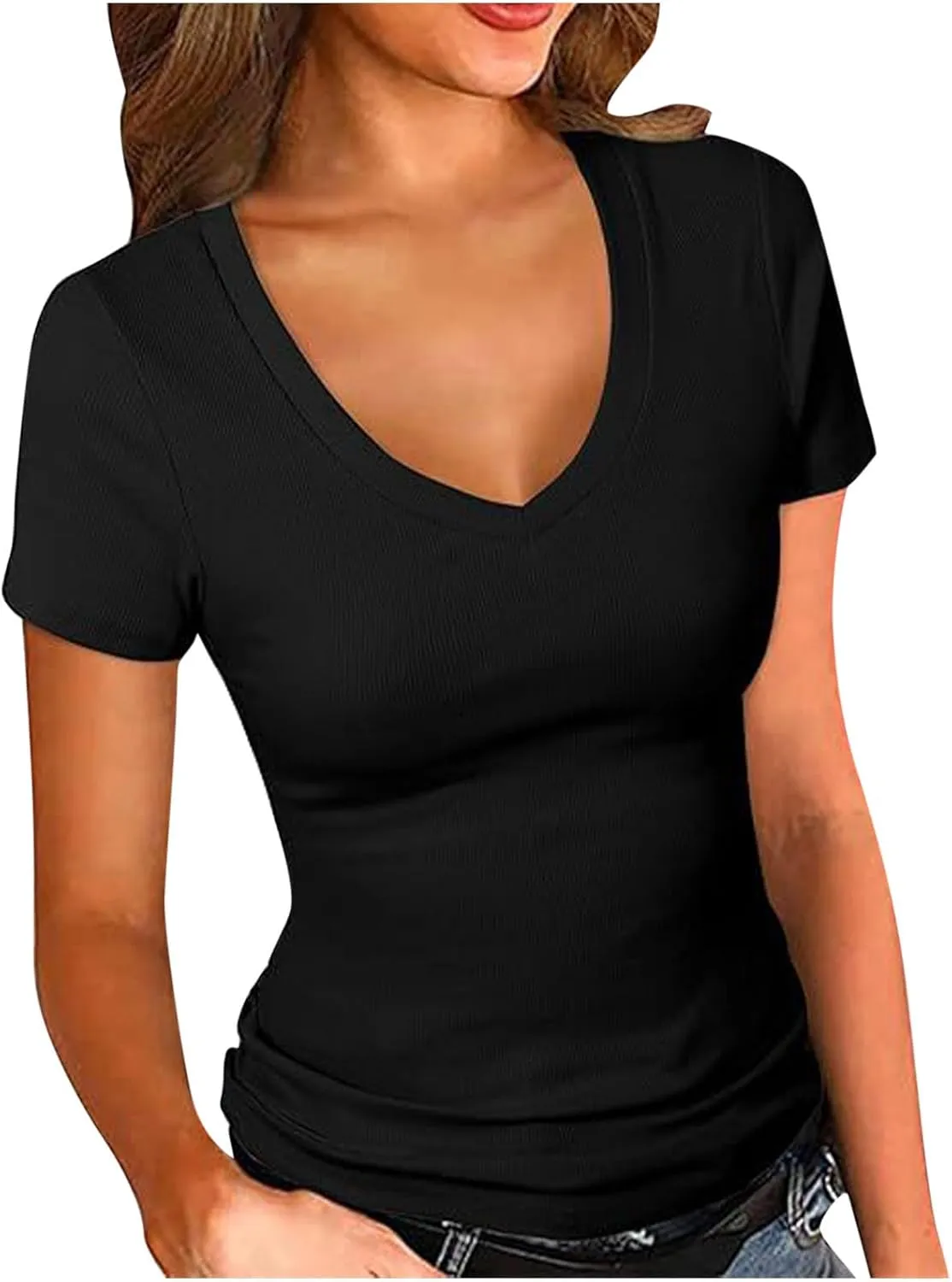 Ribbed Short Sleeve Shirts for Women Casual V Neck T Shirt Slim Fit Basic Comfy Tees Going Out Workout Trendy Tops