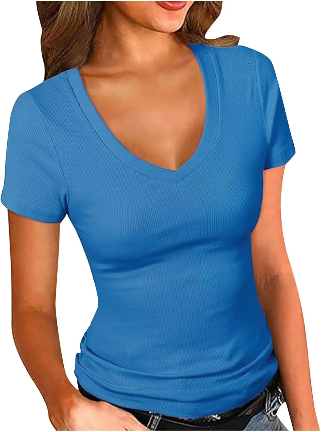 Ribbed Short Sleeve Shirts for Women Casual V Neck T Shirt Slim Fit Basic Comfy Tees Going Out Workout Trendy Tops