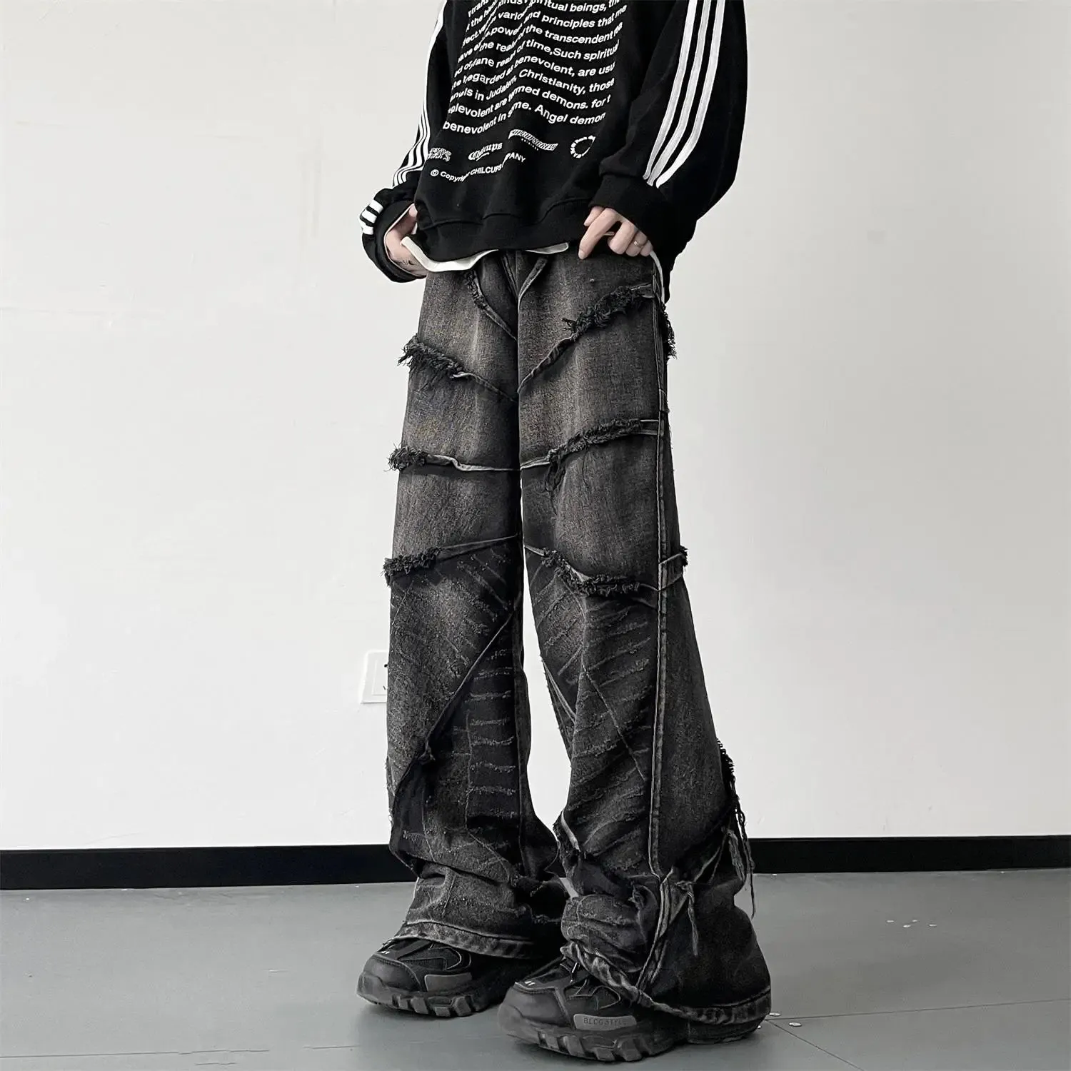 Riolio Striped Tassel Frayed Jeans Pants Men's Fashion Wide Leg Hip Hop Lazy Wind Jeans Couple's Vintage Loose Jeans Men Denim Trousers