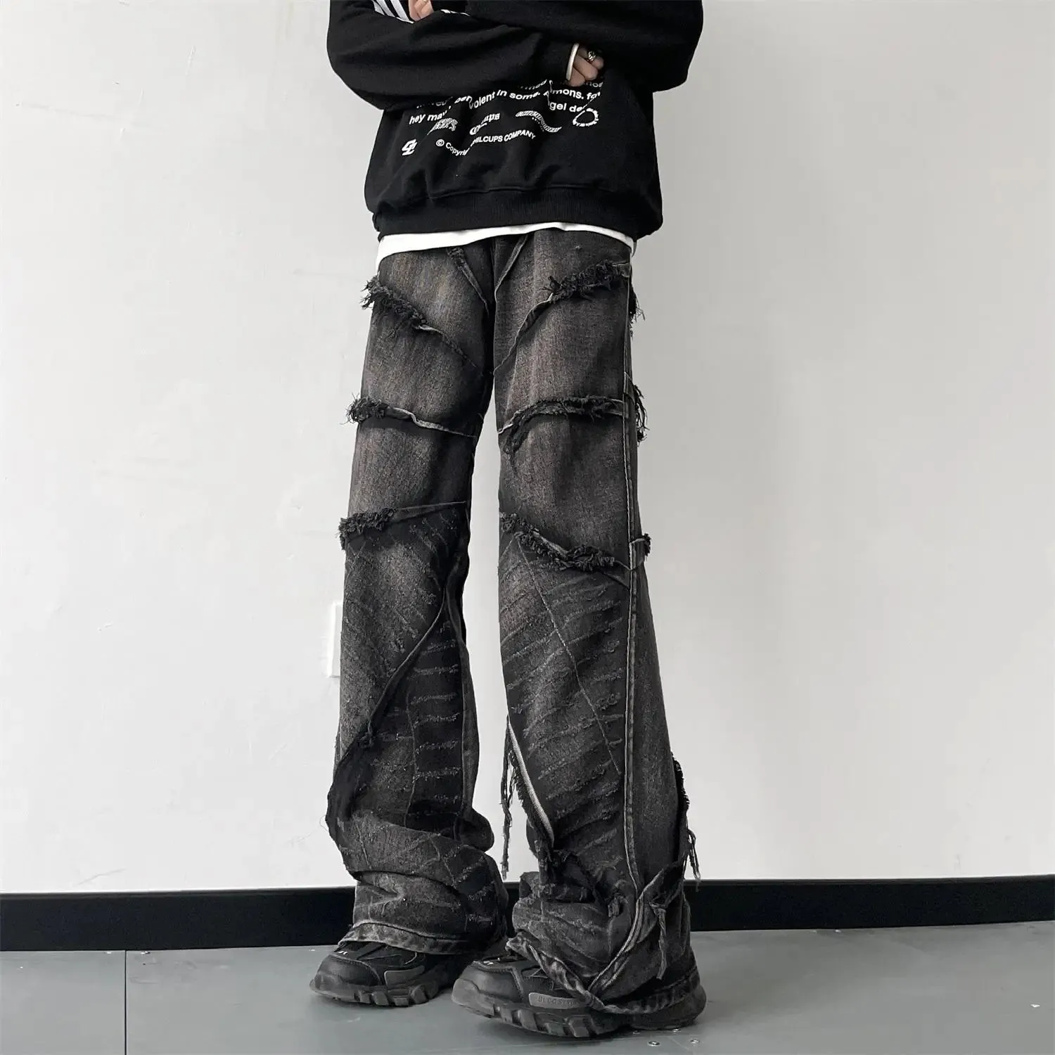 Riolio Striped Tassel Frayed Jeans Pants Men's Fashion Wide Leg Hip Hop Lazy Wind Jeans Couple's Vintage Loose Jeans Men Denim Trousers