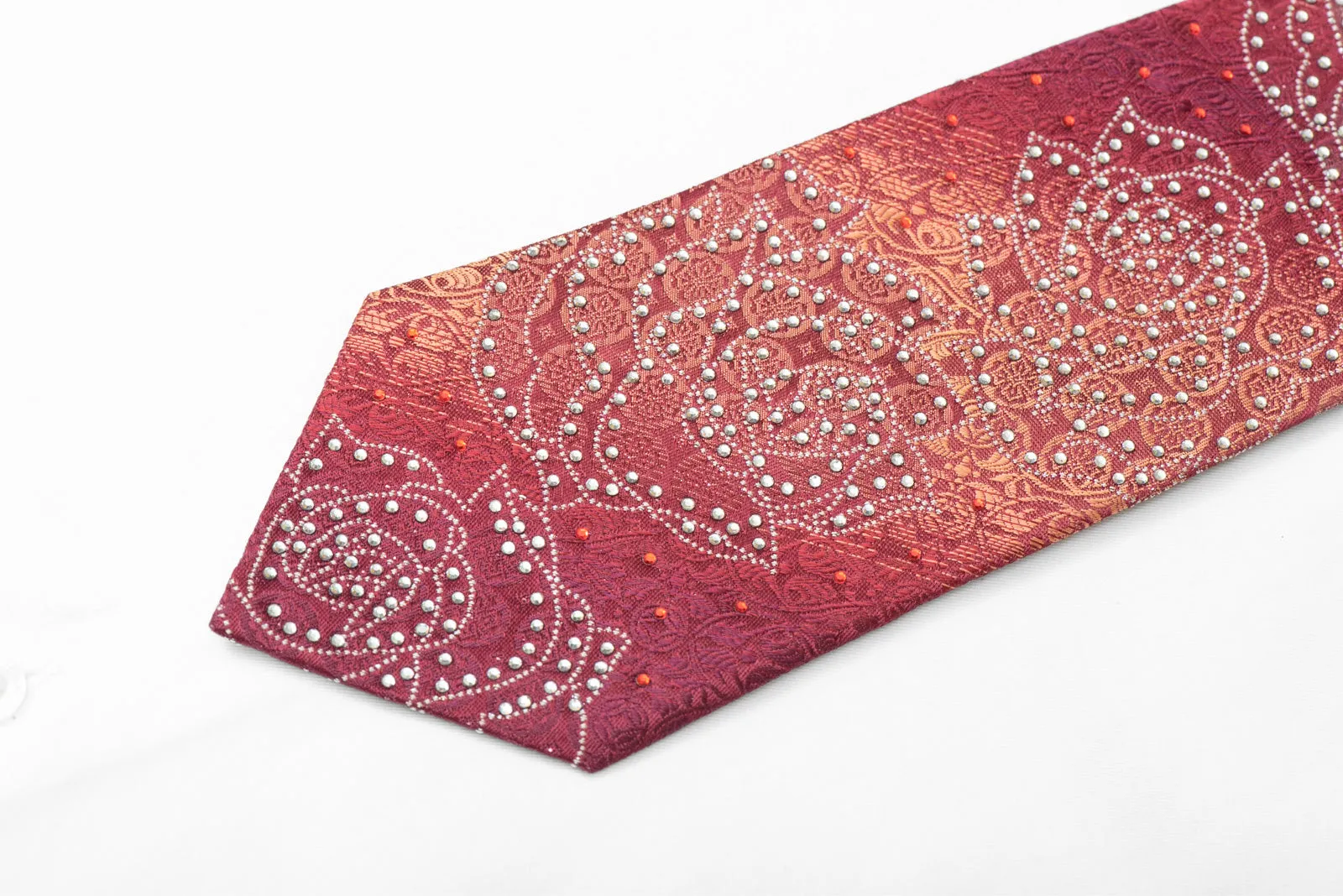 Roses On Violet Orange Rhinestone Silk Tie With Silver Sparkles