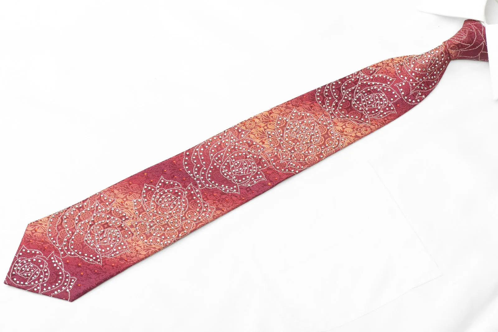 Roses On Violet Orange Rhinestone Silk Tie With Silver Sparkles