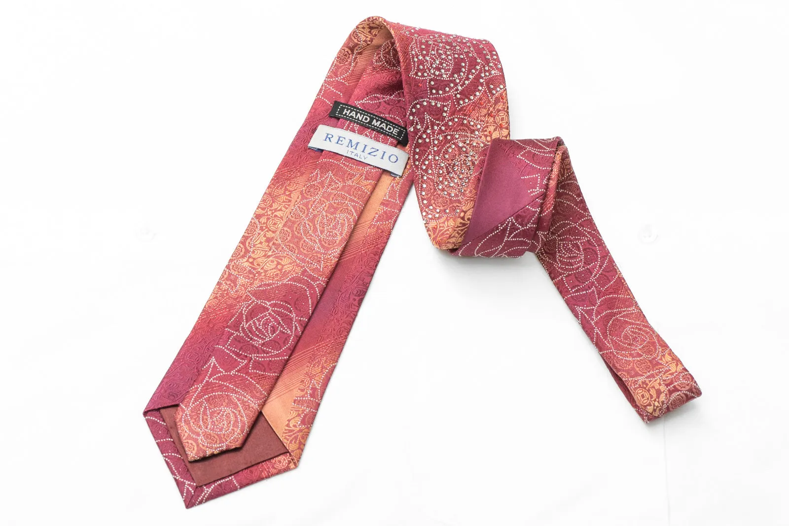 Roses On Violet Orange Rhinestone Silk Tie With Silver Sparkles