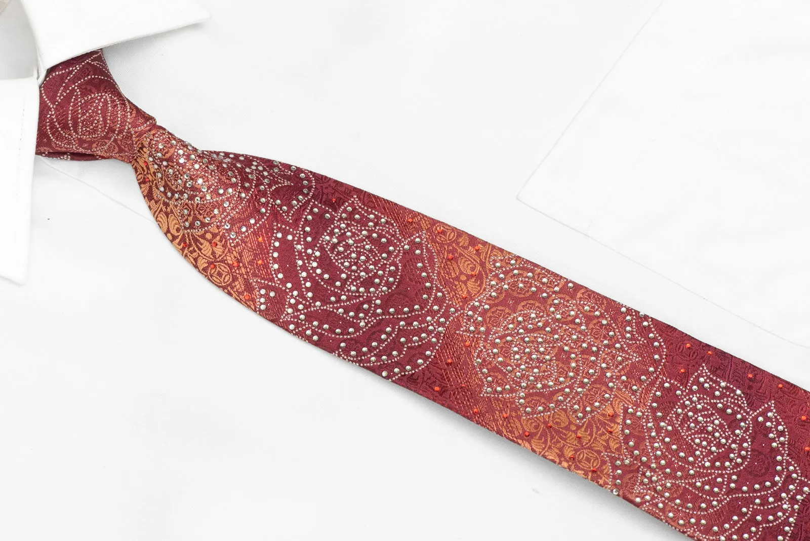 Roses On Violet Orange Rhinestone Silk Tie With Silver Sparkles