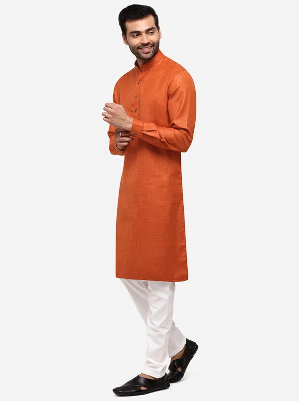 Rust Self Textured Regular Fit Modi Kurta | JadeBlue