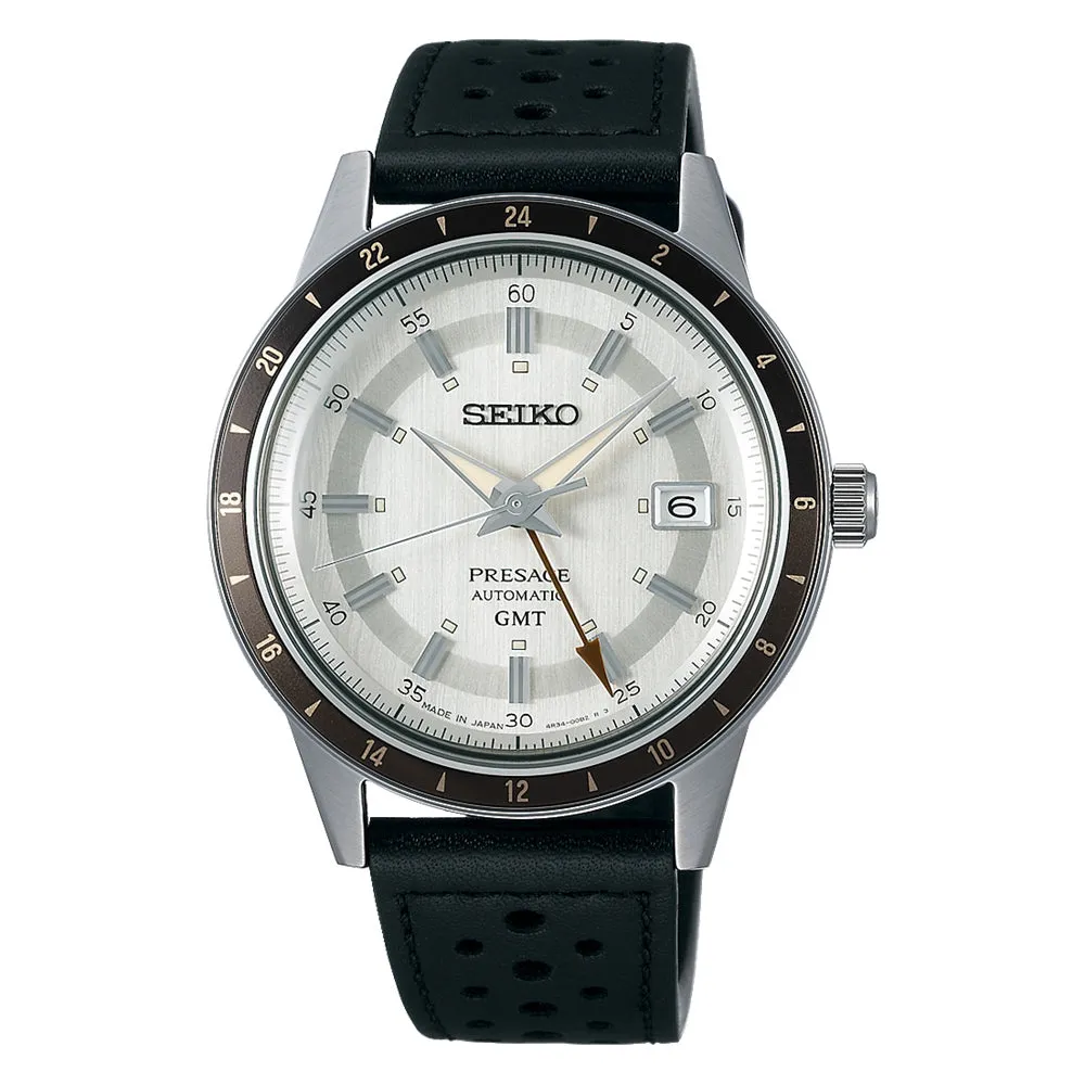 Seiko Men's Gray Dial Black Leather Band Presage Automatic GMT Analog Watch - SSK011
