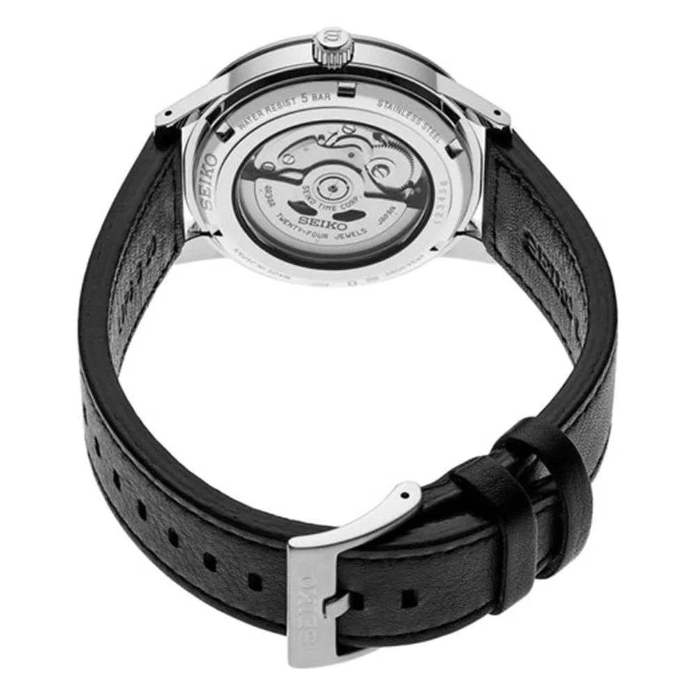 Seiko Men's Gray Dial Black Leather Band Presage Automatic GMT Analog Watch - SSK011