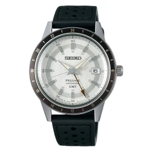Seiko Men's Gray Dial Black Leather Band Presage Automatic GMT Analog Watch - SSK011