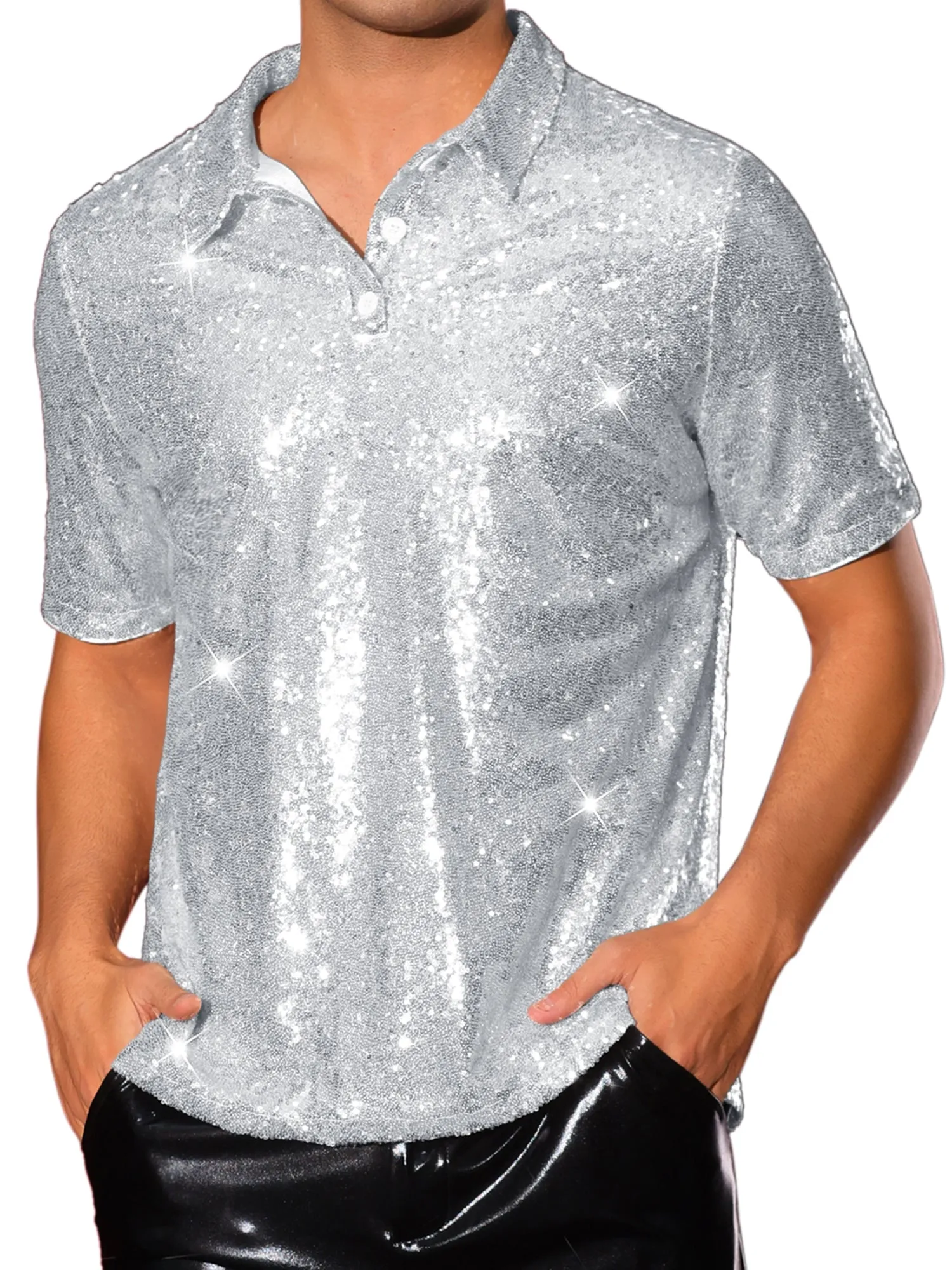Sequin Shirts for Men's Short Sleeve Sparkle Glitter Prom 70s Disco Nightclub Party Polo