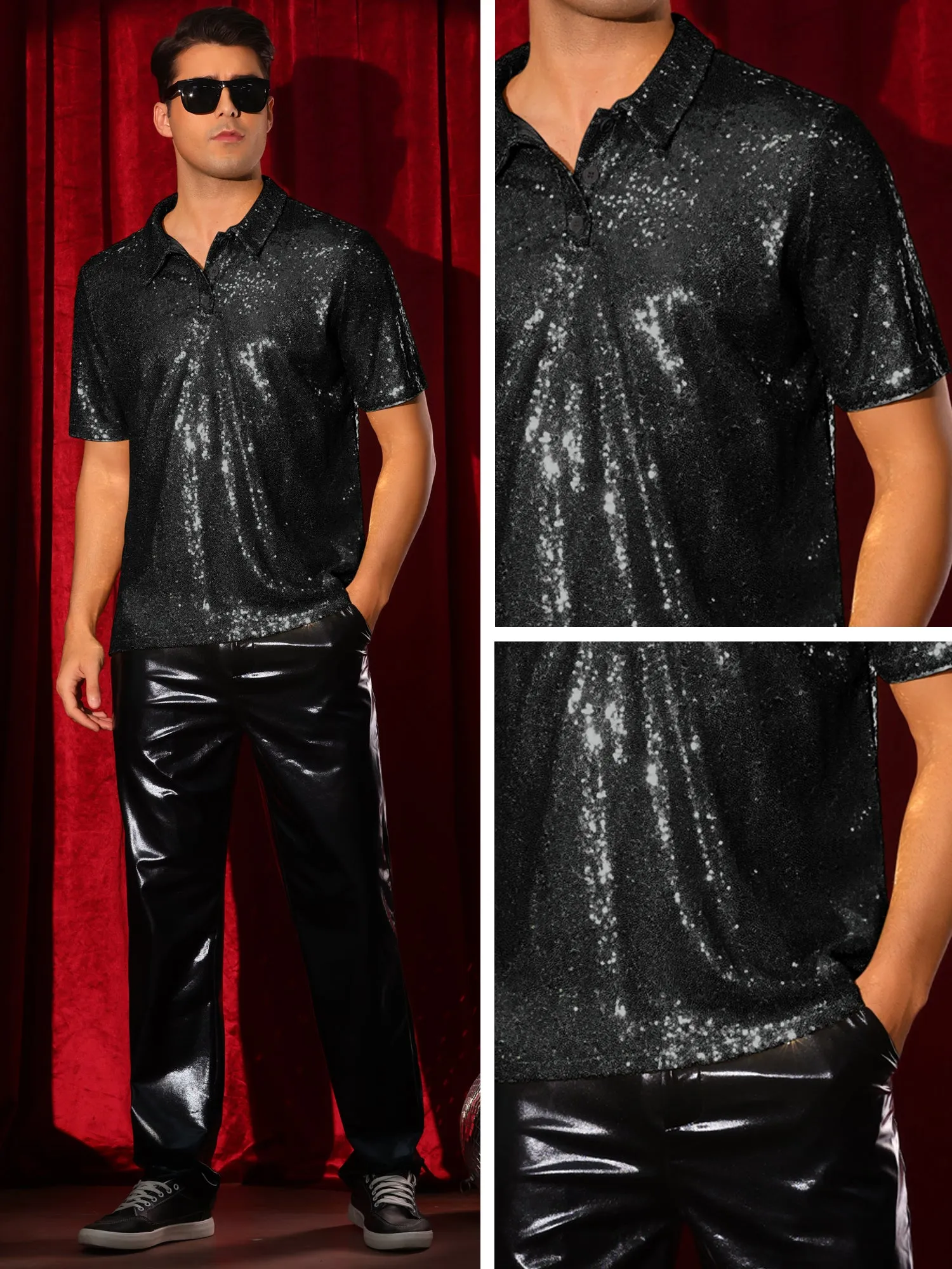 Sequin Shirts for Men's Short Sleeve Sparkle Glitter Prom 70s Disco Nightclub Party Polo