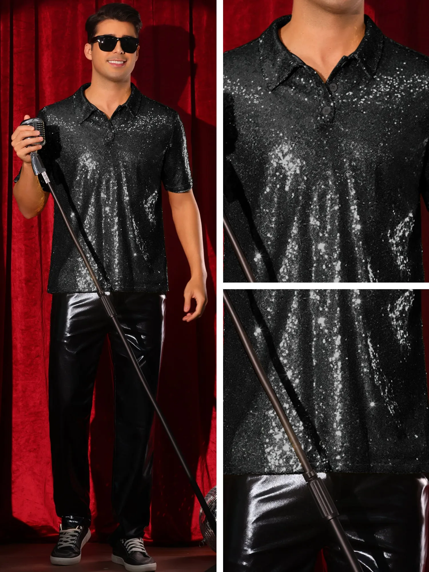 Sequin Shirts for Men's Short Sleeve Sparkle Glitter Prom 70s Disco Nightclub Party Polo