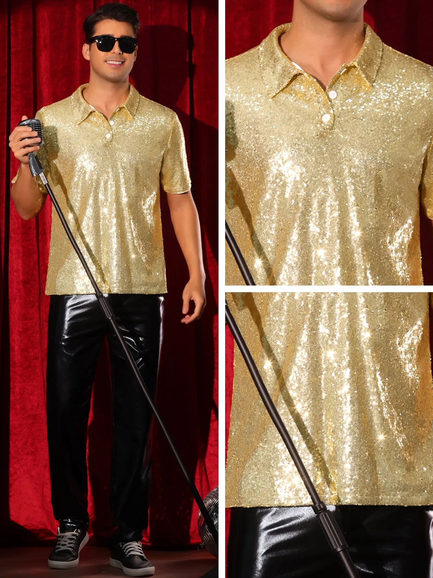 Sequin Shirts for Men's Short Sleeve Sparkle Glitter Prom 70s Disco Nightclub Party Polo