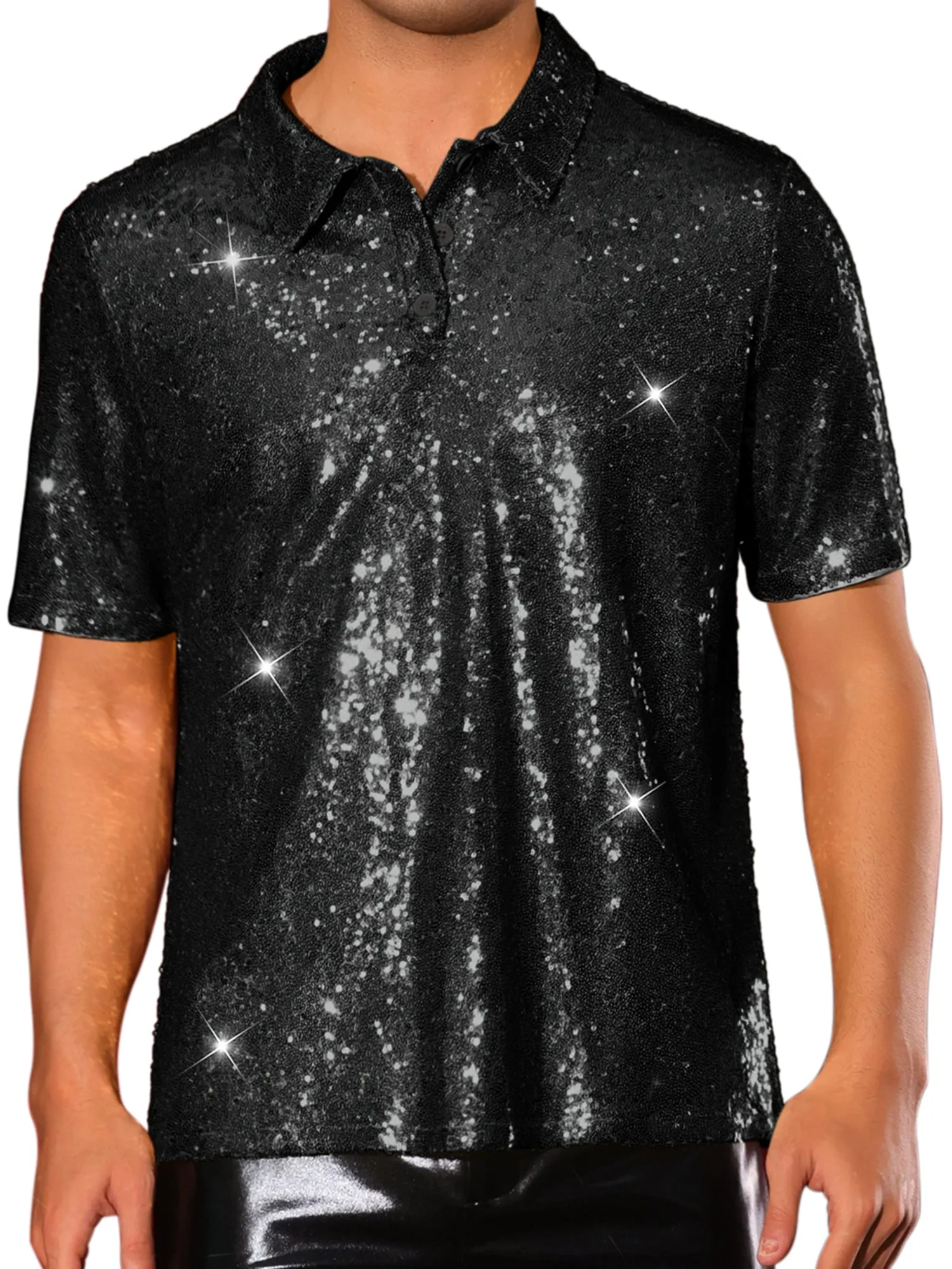 Sequin Shirts for Men's Short Sleeve Sparkle Glitter Prom 70s Disco Nightclub Party Polo