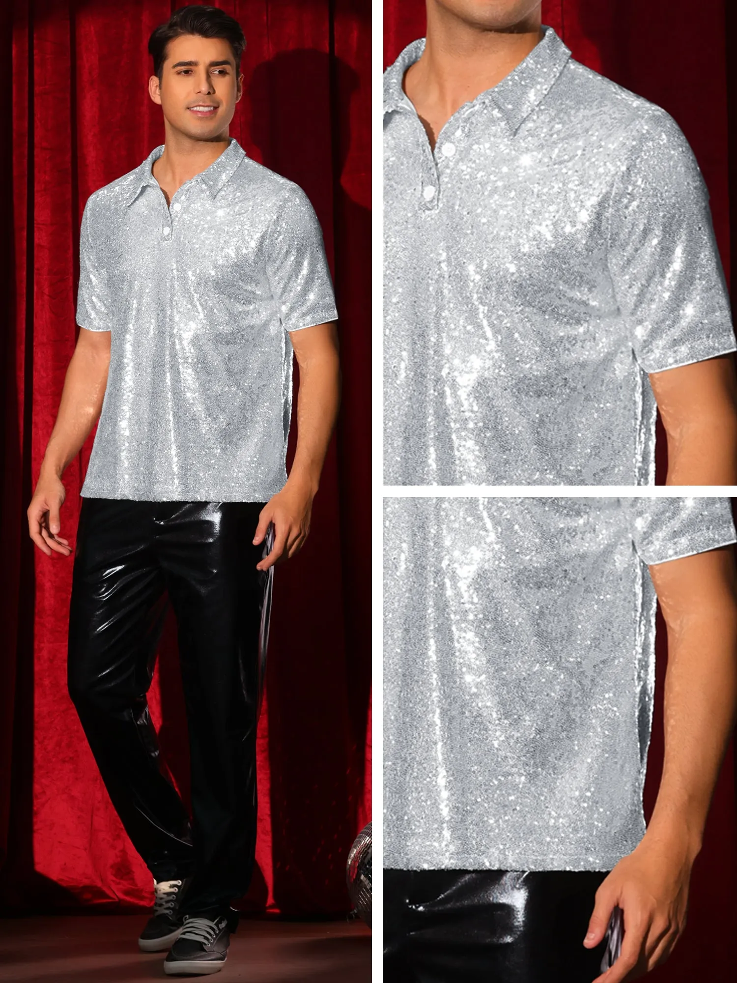 Sequin Shirts for Men's Short Sleeve Sparkle Glitter Prom 70s Disco Nightclub Party Polo