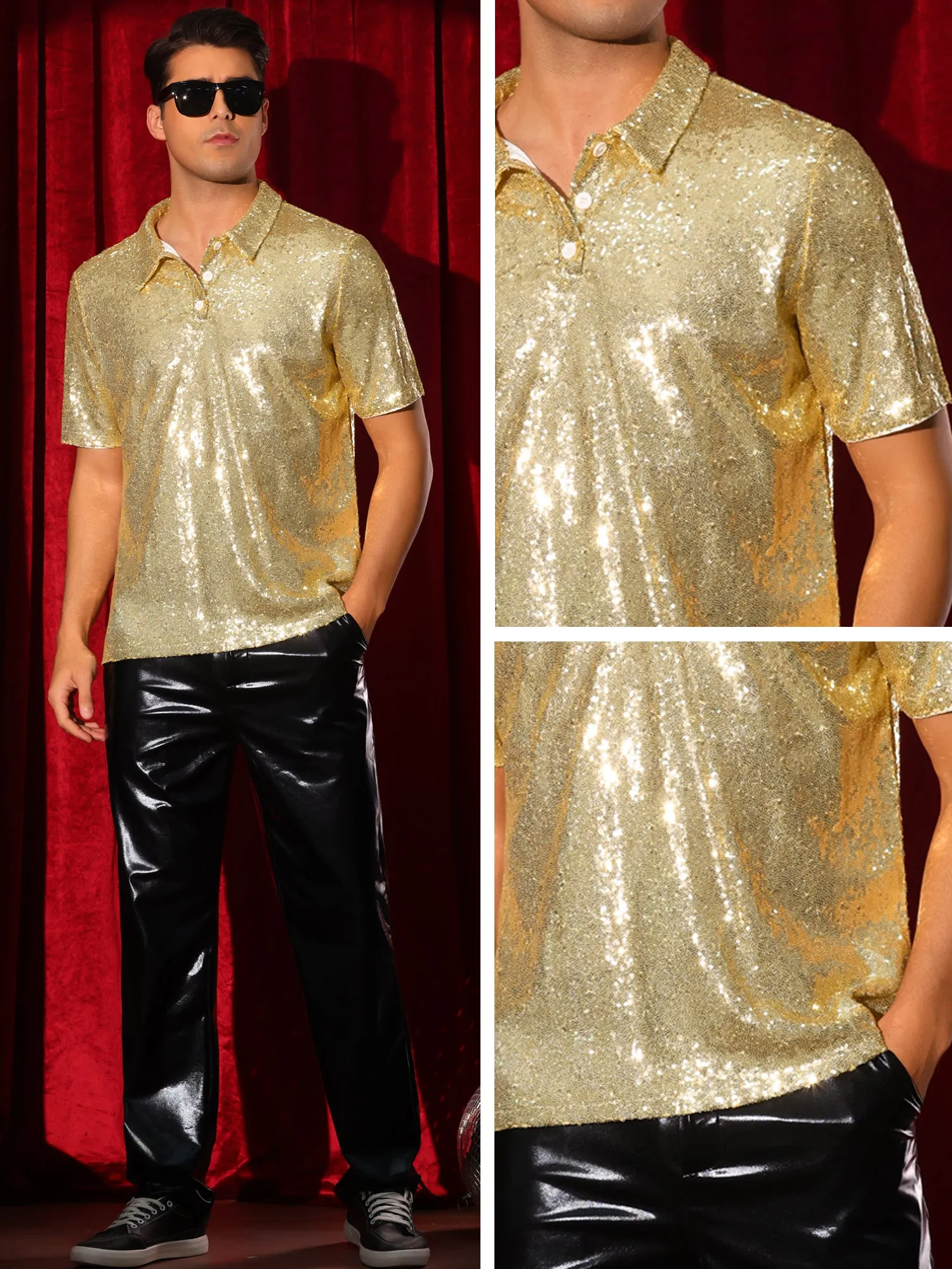 Sequin Shirts for Men's Short Sleeve Sparkle Glitter Prom 70s Disco Nightclub Party Polo