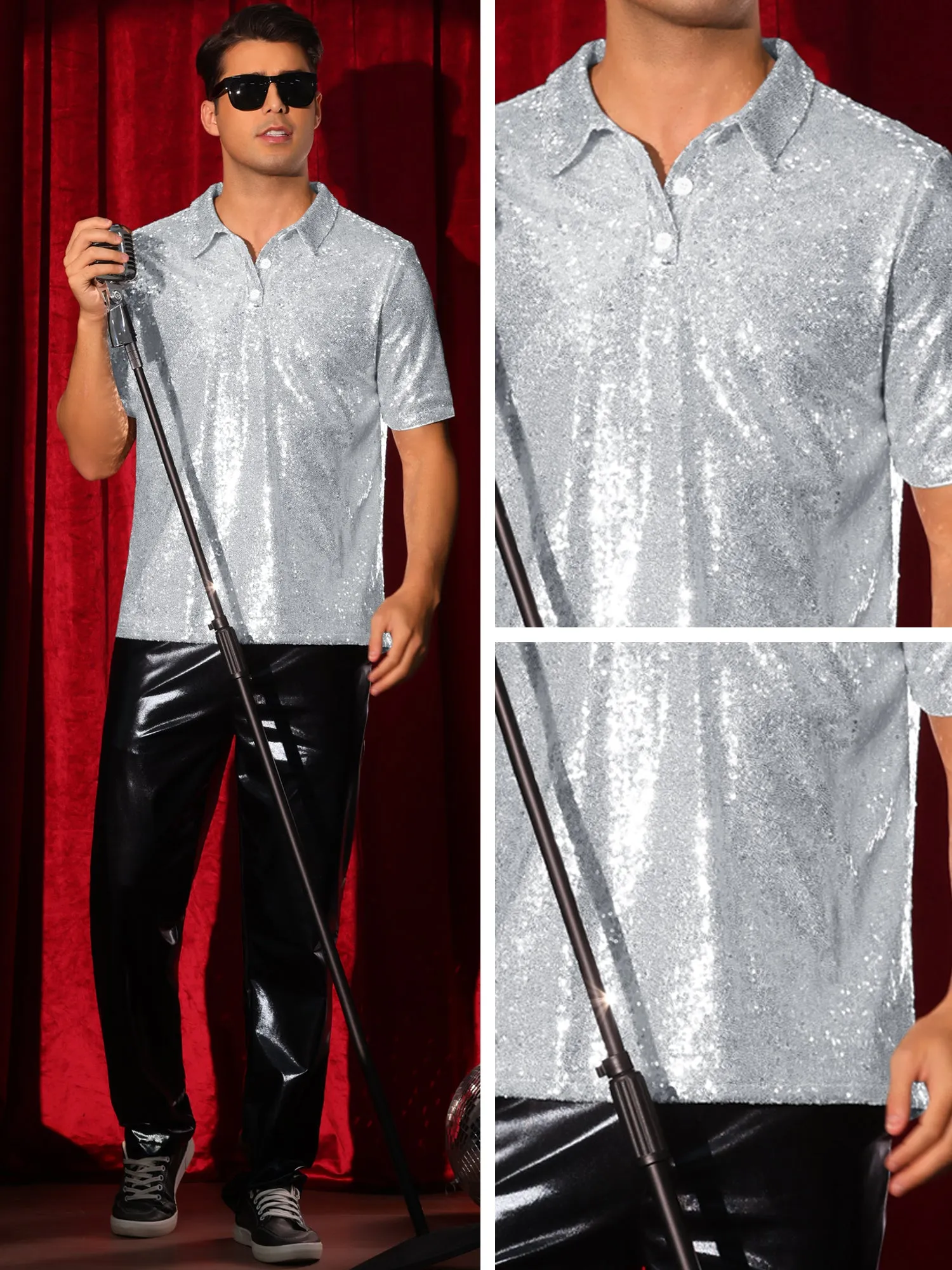 Sequin Shirts for Men's Short Sleeve Sparkle Glitter Prom 70s Disco Nightclub Party Polo