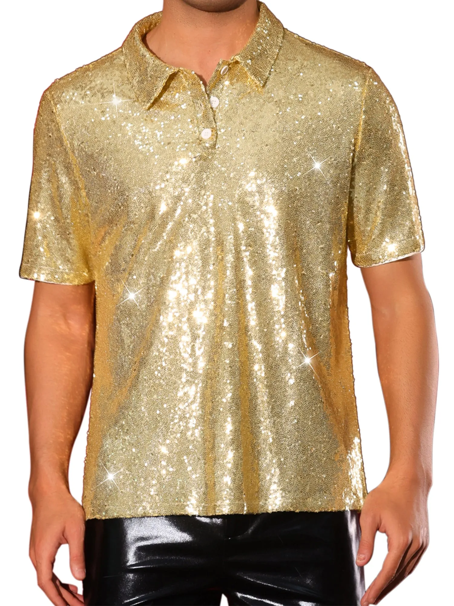 Sequin Shirts for Men's Short Sleeve Sparkle Glitter Prom 70s Disco Nightclub Party Polo