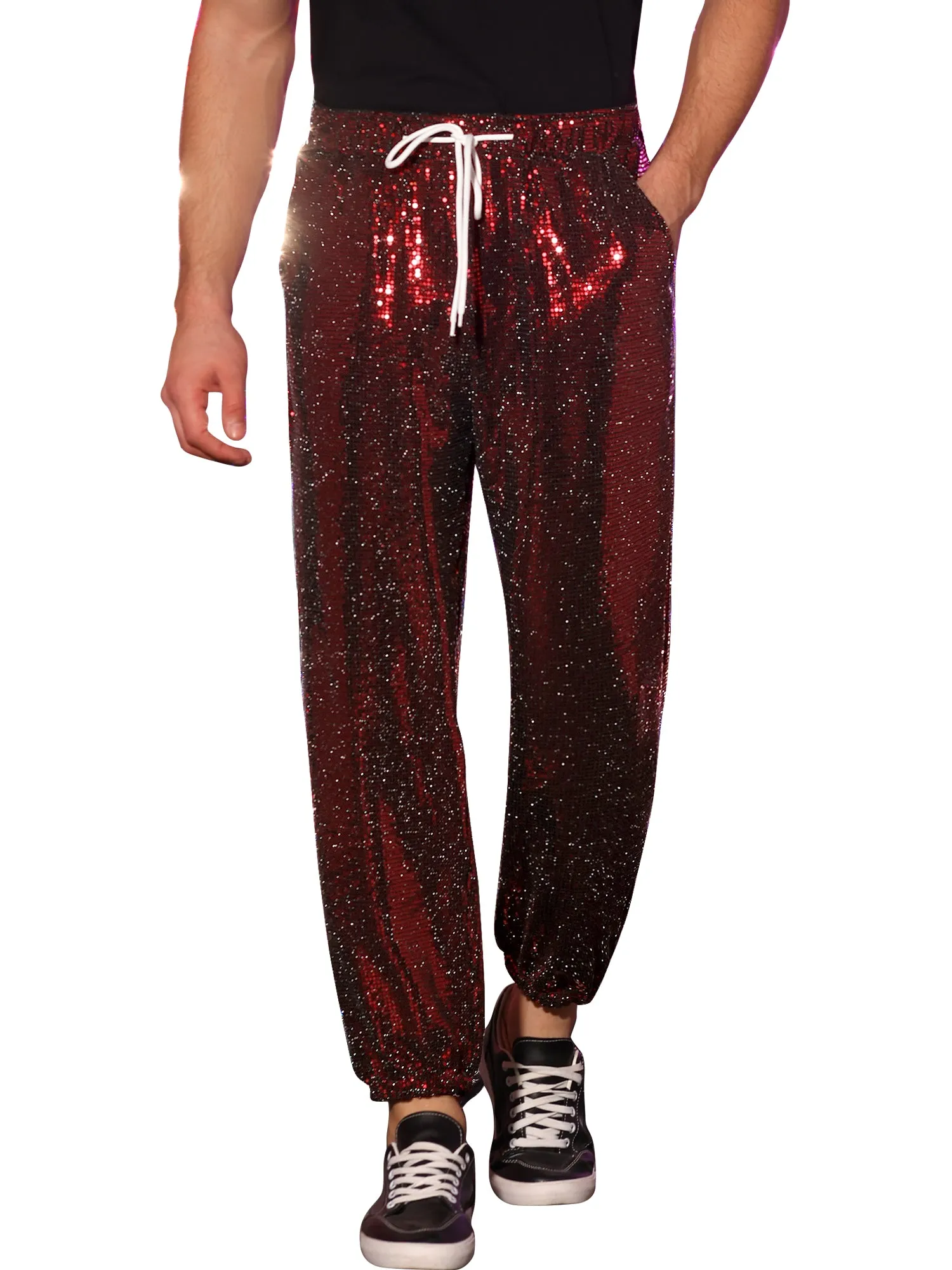 Sequins Drawstring Pants for Men's Elastic Waist Nightwear Club Shiny Jogger