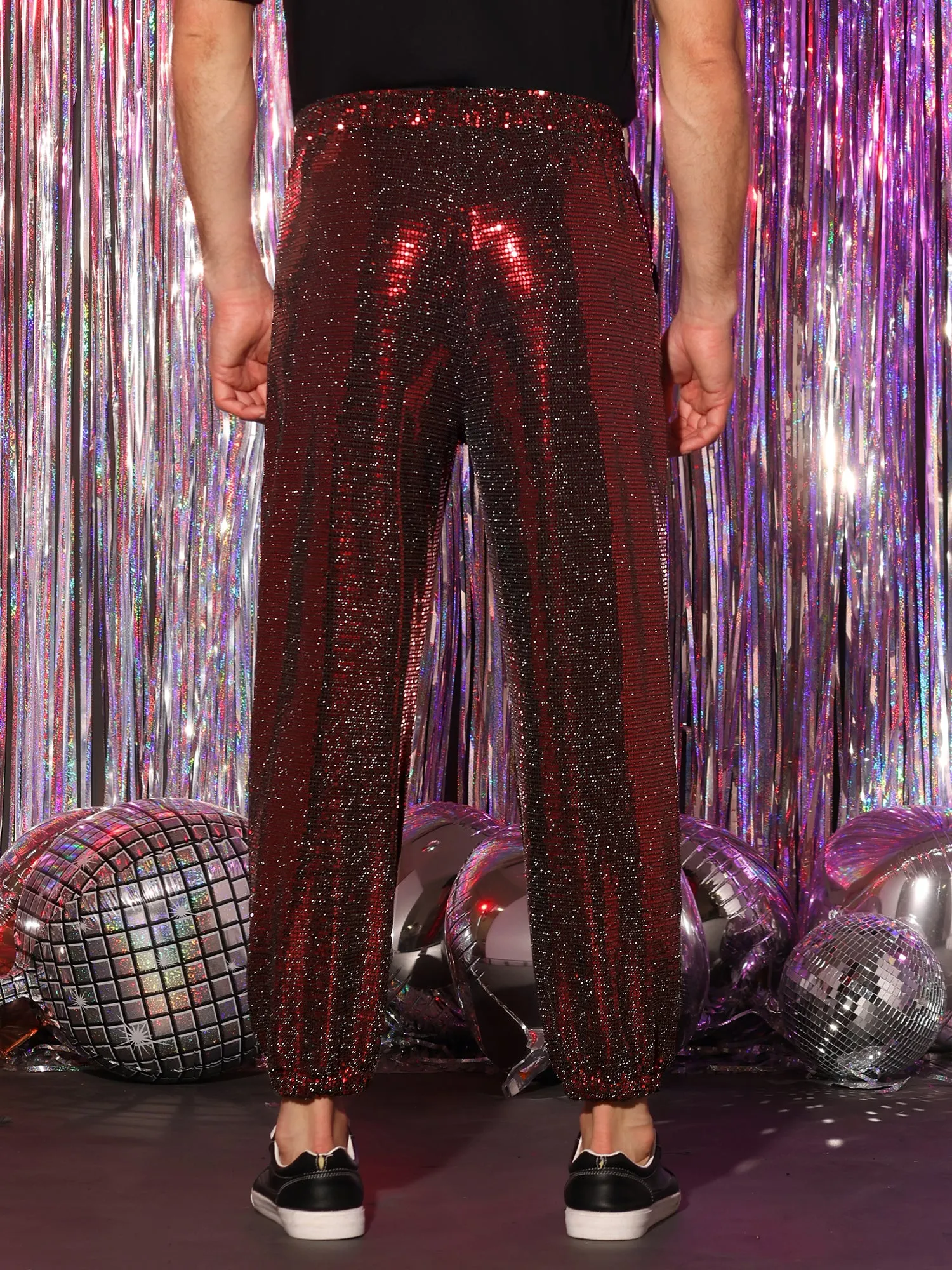 Sequins Drawstring Pants for Men's Elastic Waist Nightwear Club Shiny Jogger