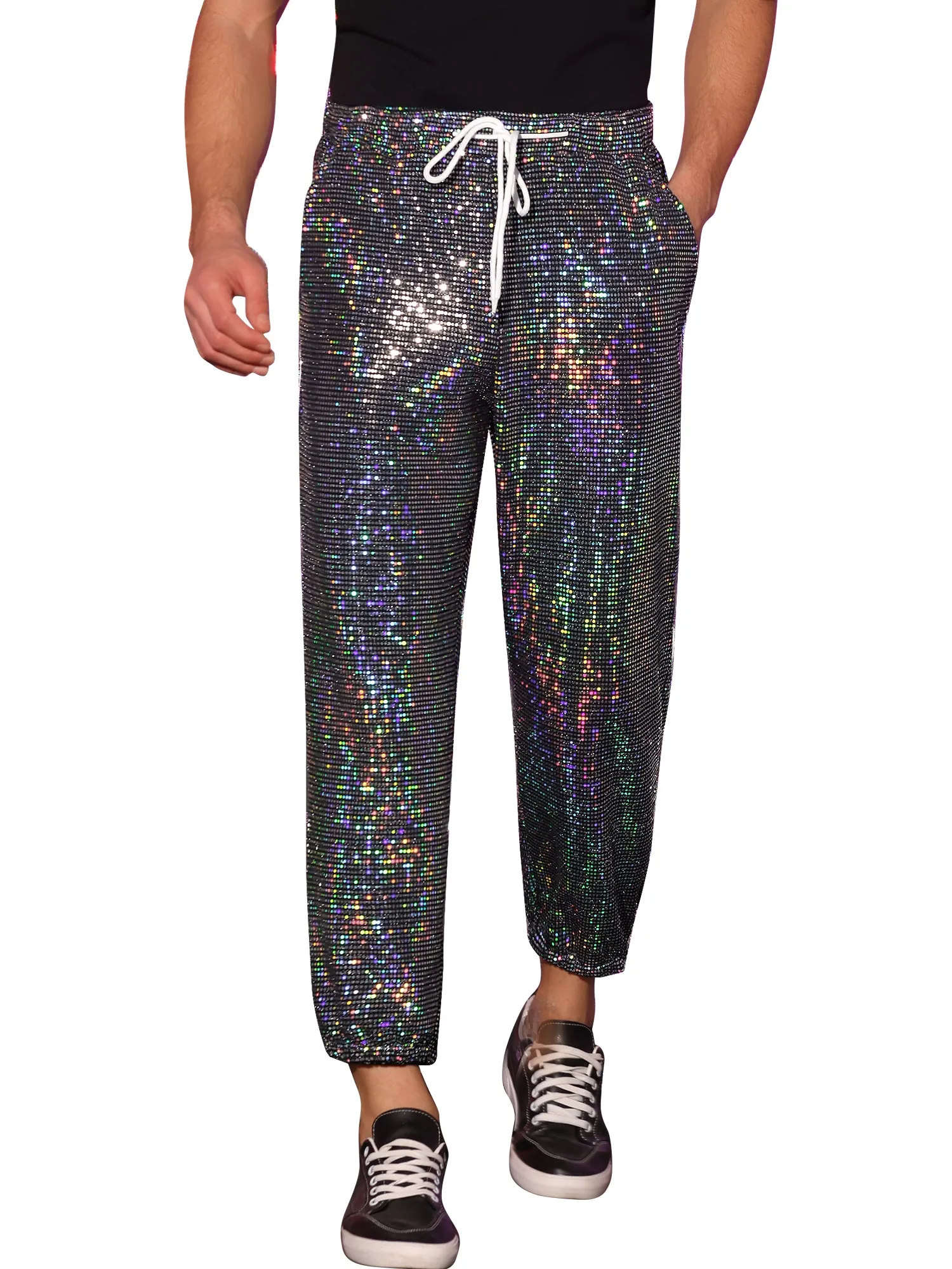 Sequins Drawstring Pants for Men's Elastic Waist Nightwear Club Shiny Jogger