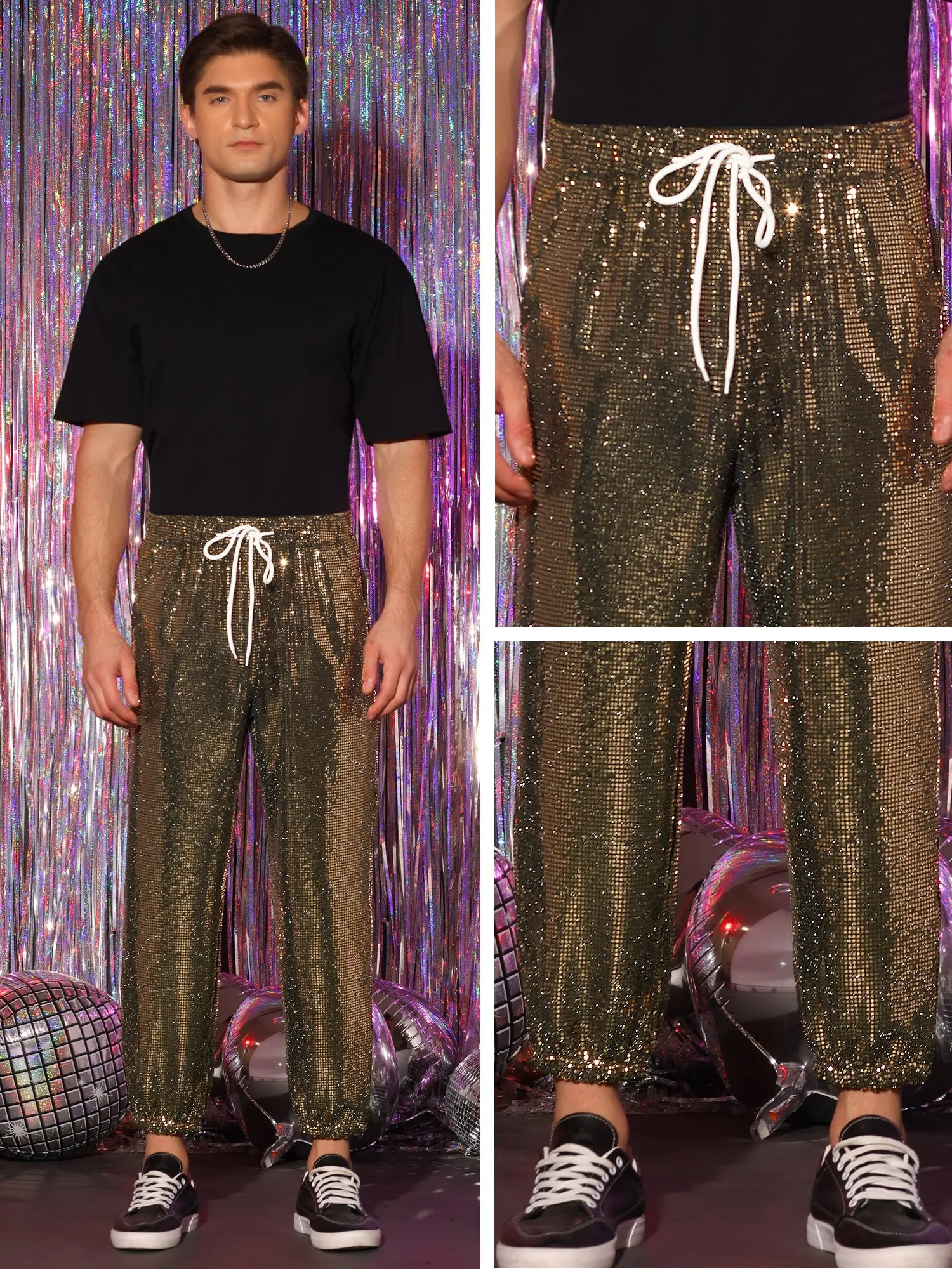 Sequins Drawstring Pants for Men's Elastic Waist Nightwear Club Shiny Jogger