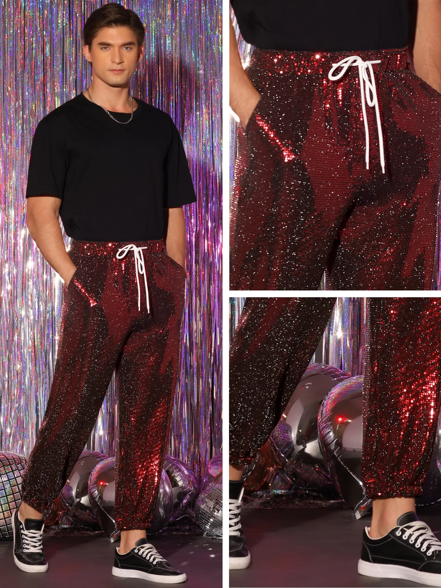 Sequins Drawstring Pants for Men's Elastic Waist Nightwear Club Shiny Jogger