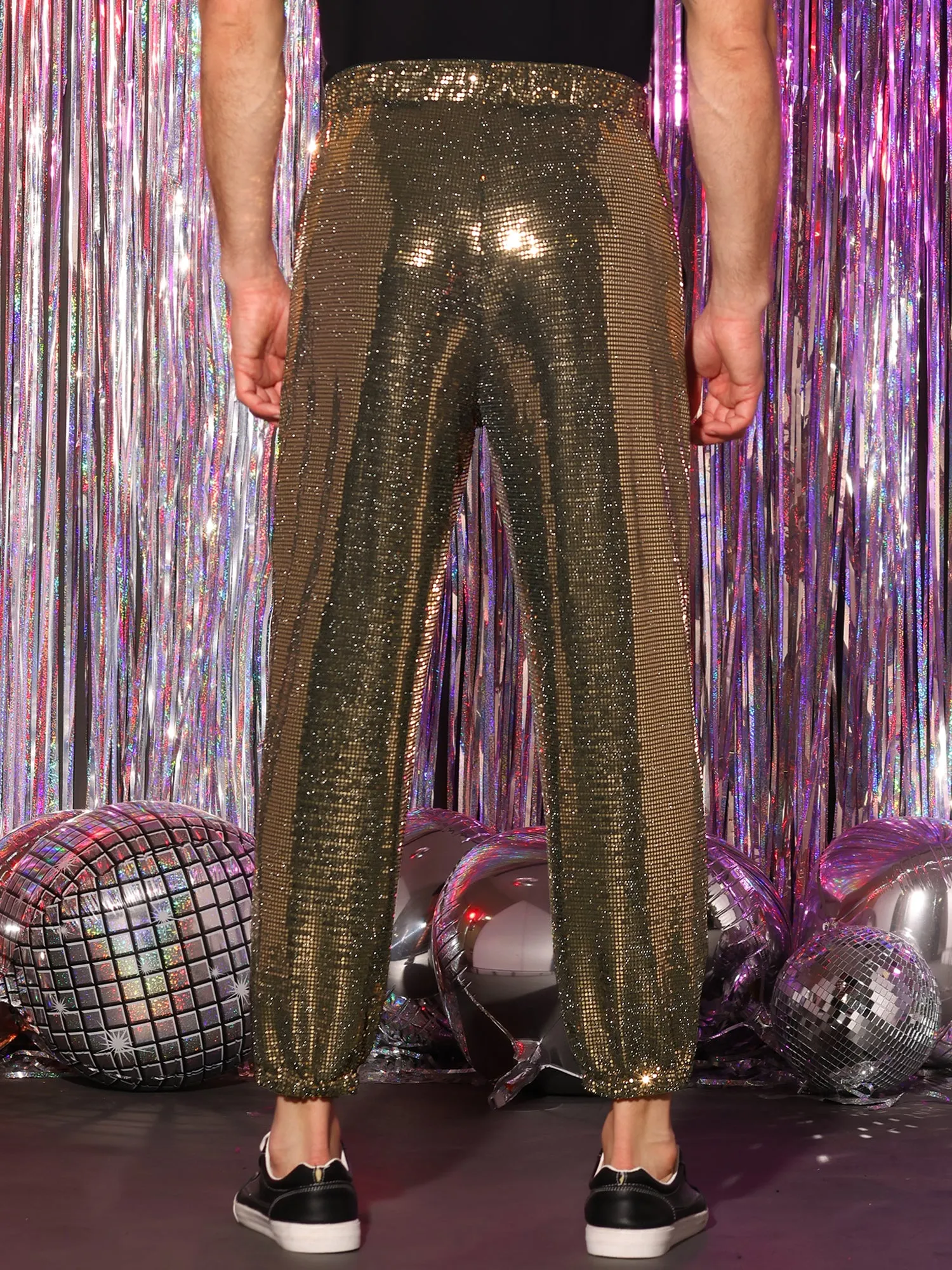 Sequins Drawstring Pants for Men's Elastic Waist Nightwear Club Shiny Jogger