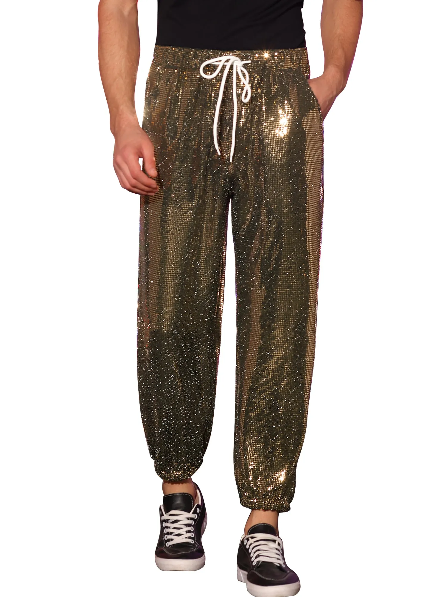 Sequins Drawstring Pants for Men's Elastic Waist Nightwear Club Shiny Jogger