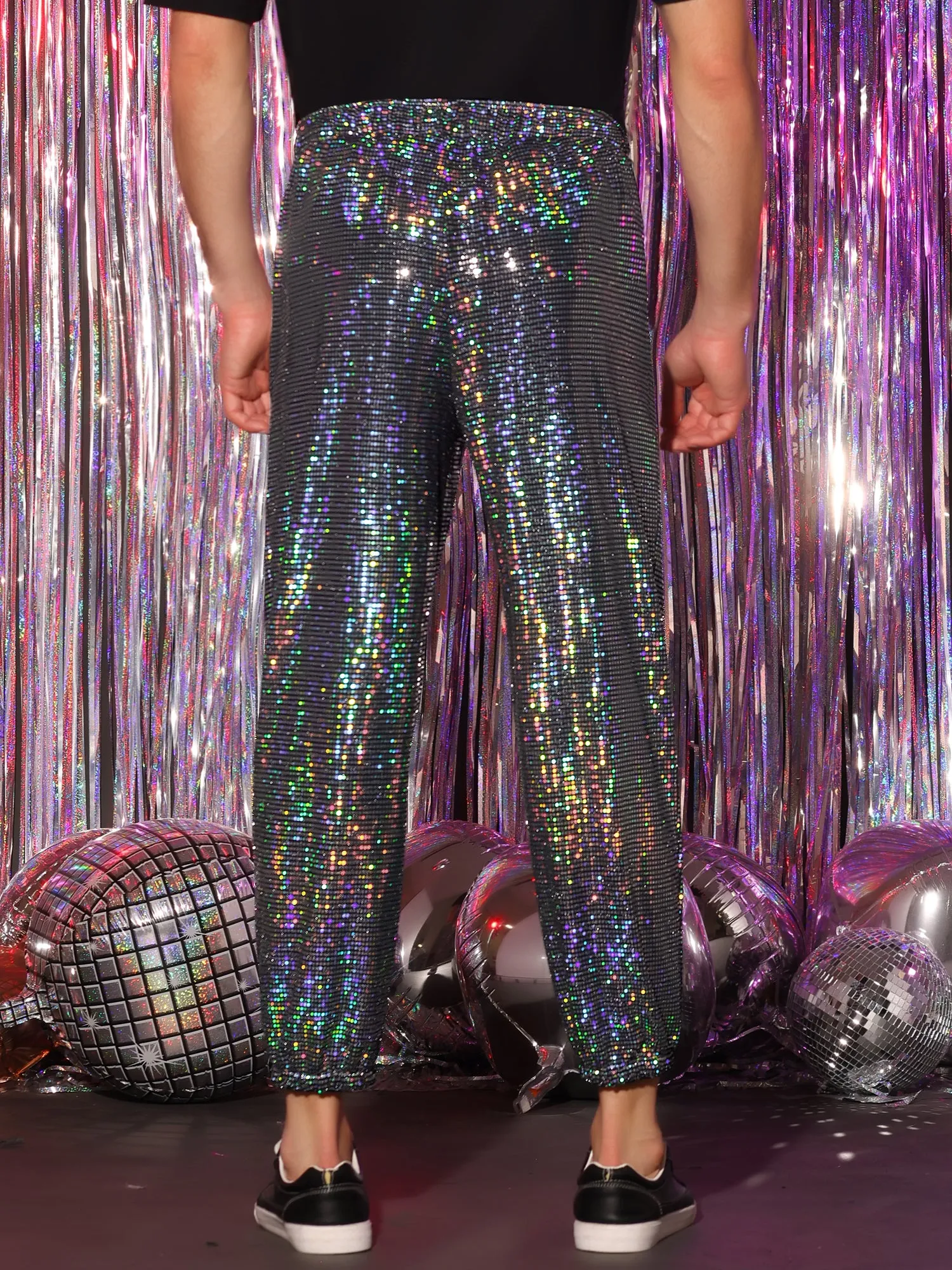 Sequins Drawstring Pants for Men's Elastic Waist Nightwear Club Shiny Jogger