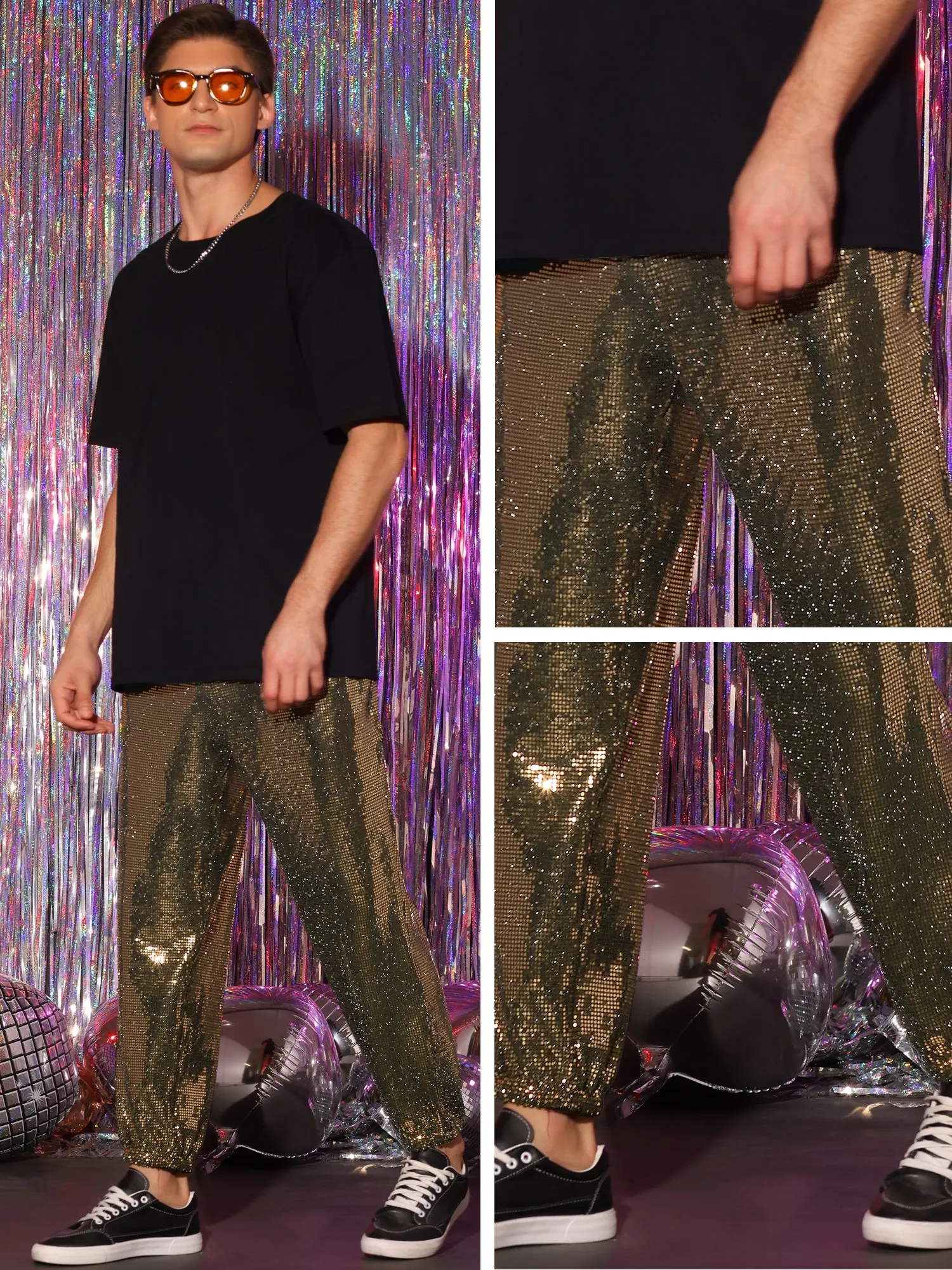 Sequins Drawstring Pants for Men's Elastic Waist Nightwear Club Shiny Jogger