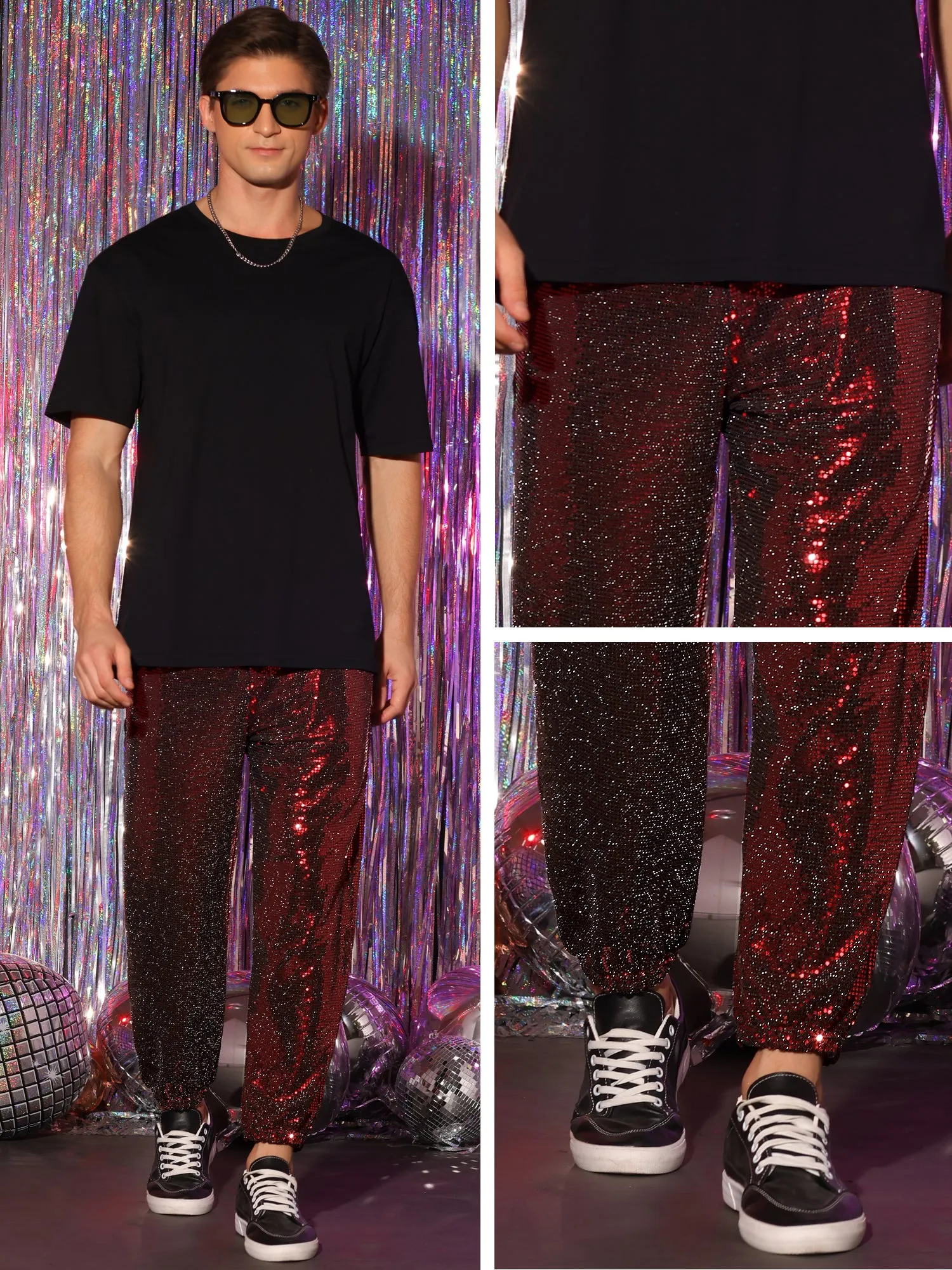 Sequins Drawstring Pants for Men's Elastic Waist Nightwear Club Shiny Jogger