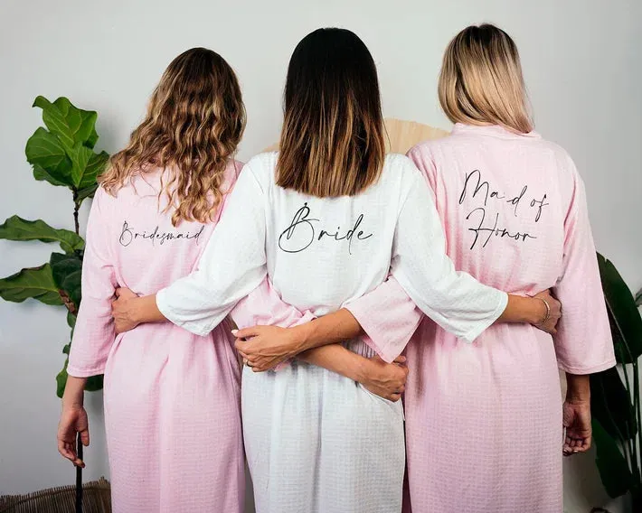 Set of 11 Custom Waffled Knit Wedding Cotton robes for Bachelorette Party - Vinyl Alfresco