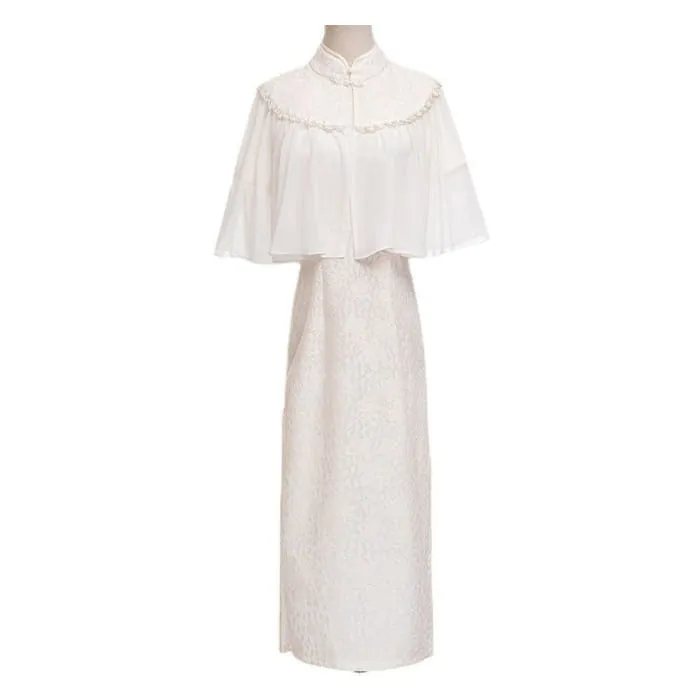 Set: Short-Sleeve Lace Midi Qipao   Faux Pearl Capelet