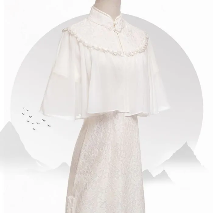 Set: Short-Sleeve Lace Midi Qipao   Faux Pearl Capelet