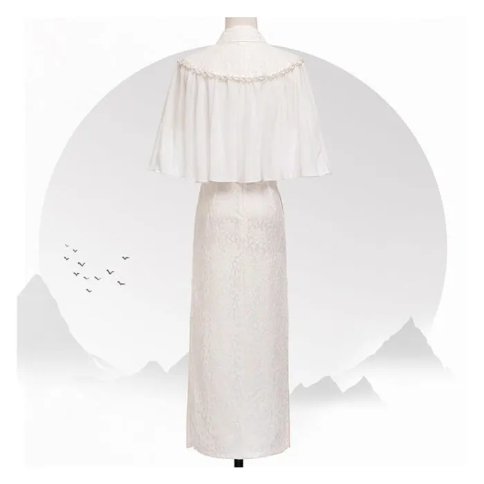 Set: Short-Sleeve Lace Midi Qipao   Faux Pearl Capelet