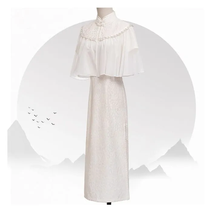 Set: Short-Sleeve Lace Midi Qipao   Faux Pearl Capelet