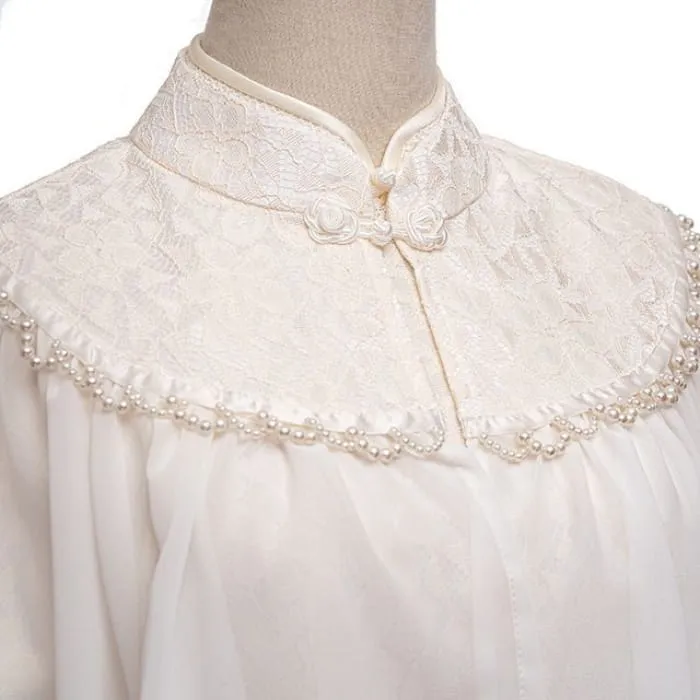 Set: Short-Sleeve Lace Midi Qipao   Faux Pearl Capelet