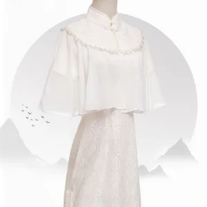 Set: Short-Sleeve Lace Midi Qipao   Faux Pearl Capelet