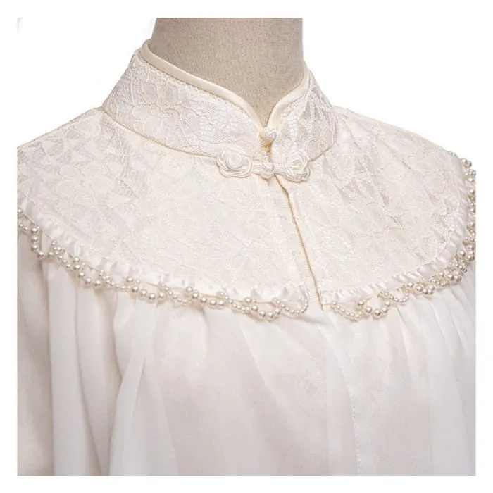 Set: Short-Sleeve Lace Midi Qipao   Faux Pearl Capelet